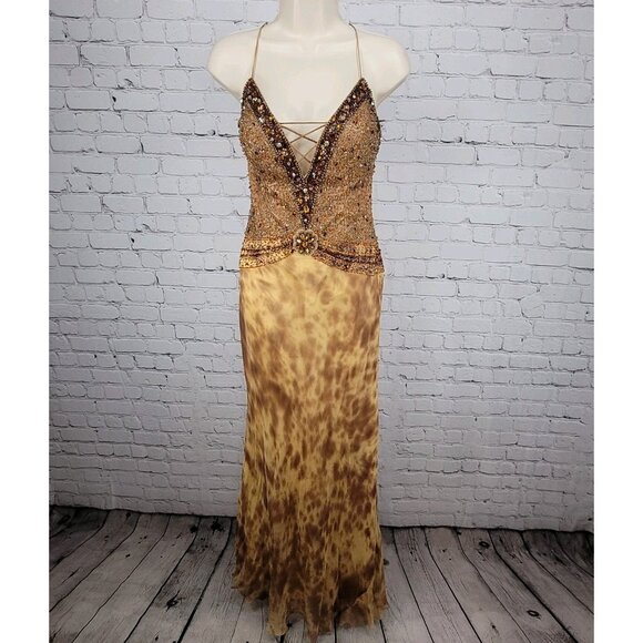 NWD Morell Maxie Brown Silk Chiffon Beaded Rhinestone Strappy Dress 8 - Picture 1 of 16